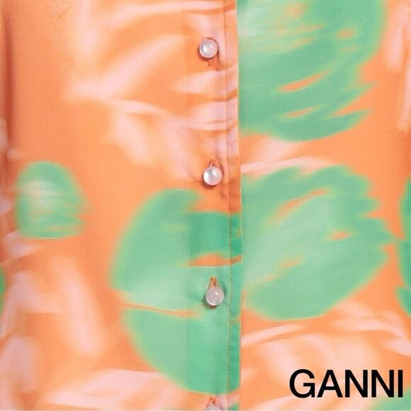 GANNI **NWT** Button-Up Puff Sleeve Crepe Blouse Vibrant Orange / Green Floral - Picture 13 of 16